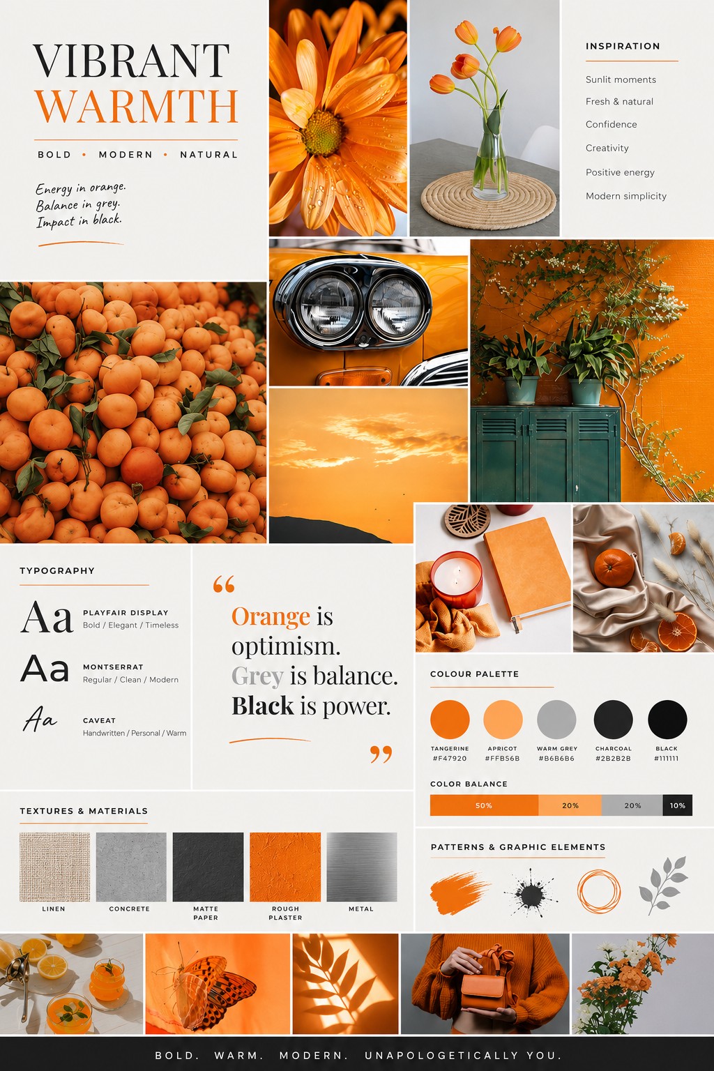 Vibrant Warmth moodboard. Bold, modern, natural. Tangerine and apricot palette with the line "Energy in orange. Balance in grey. Impact in black."